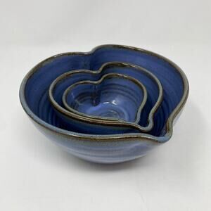 Stonewear Pottery nested blue heart bowls Steve Ashley vintage 1999